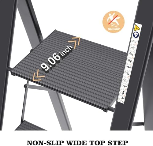 KINGRACK Aluminium 4 Step Ladder, Lightweight Step Stool with Non-Slip Pedals, Handrail, Foldable Step Ladder for Kitchen, Garage, Home, Space Saving, Sturdy and Portable, Black - Image 2