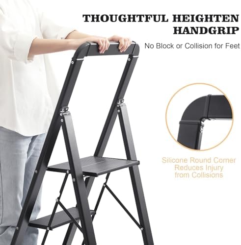 KINGRACK Aluminium 4 Step Ladder, Lightweight Step Stool with Non-Slip Pedals, Handrail, Foldable Step Ladder for Kitchen, Garage, Home, Space Saving, Sturdy and Portable, Black - Image 3