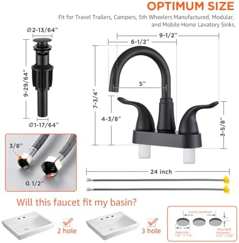 KPW Bathroom Sink Faucet 2 or 3 Hole Matte Black Centerset 4 Inch Bathroom Sink Faucet 2 Handle Plating Over ABS Plastic Non-Metallic Lavatory Bathroom Faucet with Pop up Drain Water Supply Hoses - Image 2