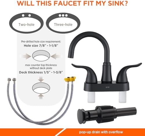 KPW Bathroom Sink Faucet 2 or 3 Hole Matte Black Centerset 4 Inch Bathroom Sink Faucet 2 Handle Plating Over ABS Plastic Non-Metallic Lavatory Bathroom Faucet with Pop up Drain Water Supply Hoses - Image 3