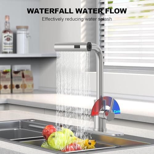 Brushed Nickel Single Hole Kitchen Faucets with Pull Down Sprayer, Single Handle, High Flow Water, Pull Out Tap, Stainless Steel Sink Faucet, Suitable for Farmhouse Camper Laundry Rv Bar - Image 3