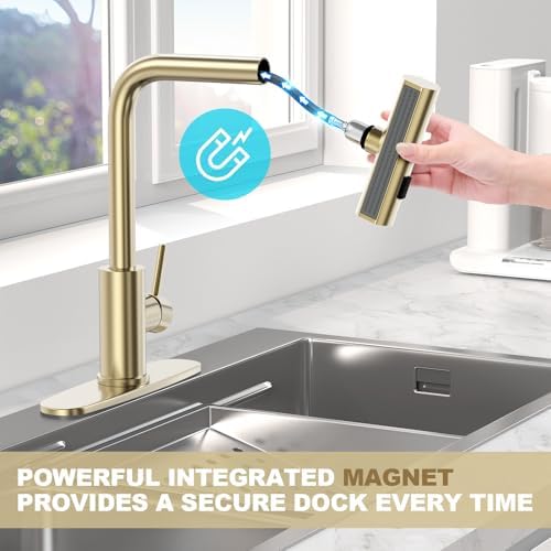 Brushed Gold Single Hole Kitchen Faucets with Pull Down Sprayer, Single Handle, High Flow Water, Pull Out Tap, Stainless Steel Sink Faucet, Suitable for Farmhouse Camper Laundry Rv Bar - Image 6