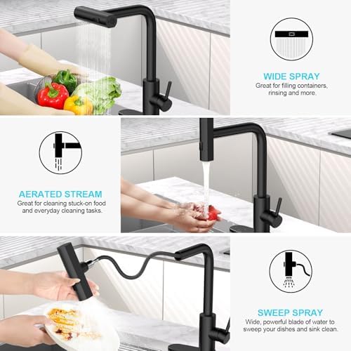 Matte Black Single Hole Kitchen Faucets with Pull Down Sprayer, Single Handle, High Flow Water, Pull Out Tap, Stainless Steel Sink Faucet, Suitable for Farmhouse Camper Laundry Rv Bar - Image 2