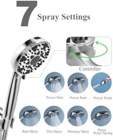 Shower Head with Handheld High Pressure Multi-Function 7 modes, Built-in Power Wash to Clear Tub, Tile & Pets, 5” High Flow Hand Held Rain Showerhead with Extra Long Hose and Adjustable Bracket - Image 2