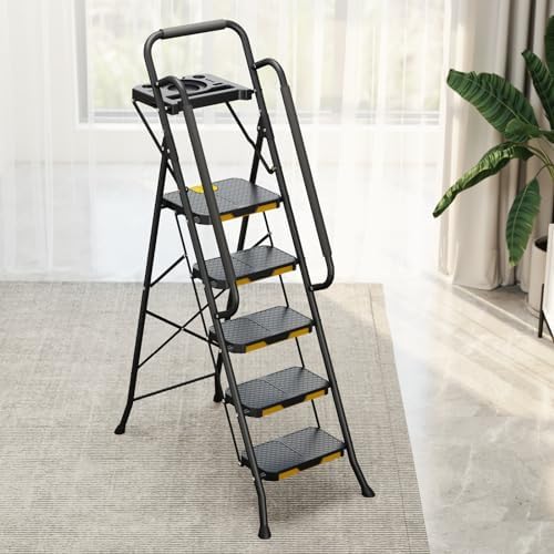 KINGRACK 5 Step Ladder with Tool Platform, Folding Step Stool with Handrails, Sturdy Steel Ladder with Wide Pedal, 800 LBS Portable Safety Ladder for Adults Painting Home Outdoor Garage - Image 8