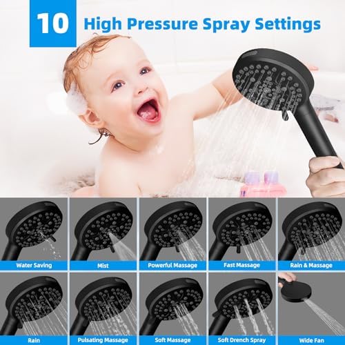 Hibbent All Metal 10'' Dual Filtered Rainfall Shower Head Combo, High Pressure Handheld Shower Head with 16'' Adjustable Extension Arm, 20 Stage Shower Filter, 10-spray, 71'' Shower Hose, Matte Black - Image 2