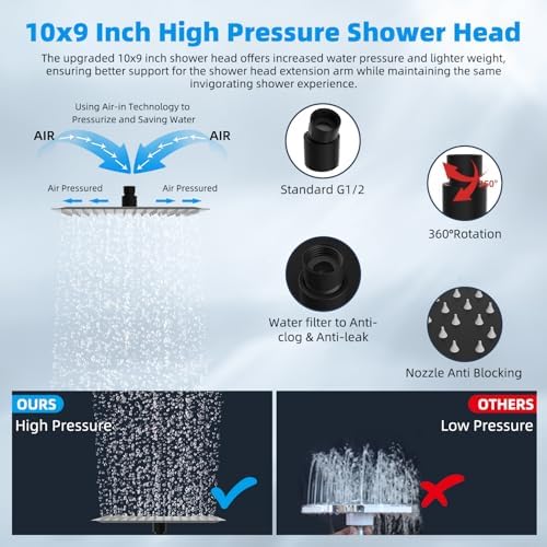 Hibbent All Metal 10'' Dual Filtered Rainfall Shower Head Combo, High Pressure Handheld Shower Head with 16'' Adjustable Extension Arm, 20 Stage Shower Filter, 10-spray, 71'' Shower Hose, Matte Black - Image 6