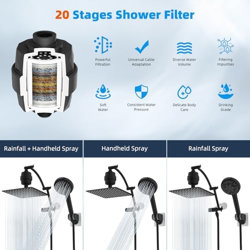 Hibbent All Metal 10'' Dual Filtered Rainfall Shower Head Combo, High Pressure Handheld Shower Head with 16'' Adjustable Extension Arm, 20 Stage Shower Filter, 10-spray, 71'' Shower Hose, Matte Black - Image 7