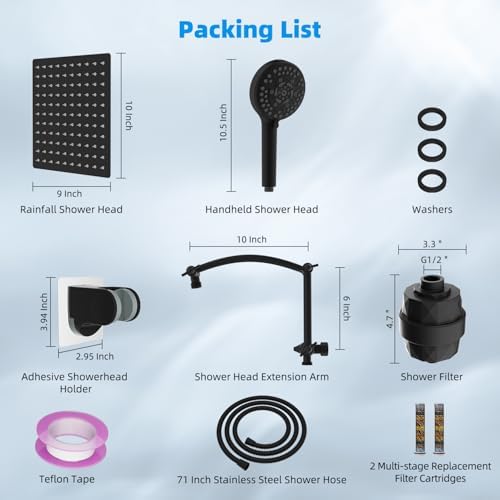 Hibbent All Metal 10'' Dual Filtered Rainfall Shower Head Combo, High Pressure Handheld Shower Head with 16'' Adjustable Extension Arm, 20 Stage Shower Filter, 10-spray, 71'' Shower Hose, Matte Black - Image 8