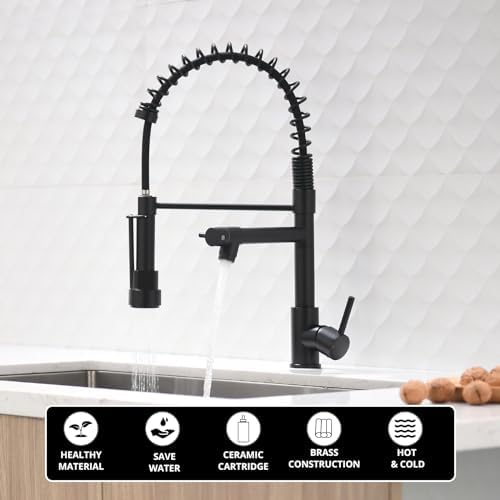 AIMADI Black Kitchen Faucet with 2 Function Sprayer,Commercial Stainless Steel Single Handle Single Hole Spring Matte Black Kitchen Faucet - Image 2