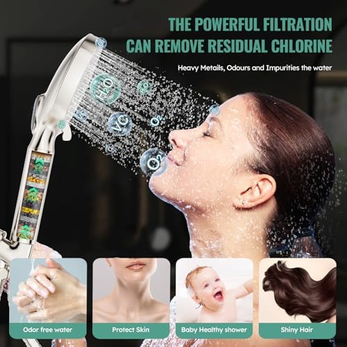 SR SUN RISE Filtered Shower Head with Handheld, High Pressure 9 Spray Mode Brushed Nickel Showerhead with Filters, detachable shower head,Water Softener Filters Beads for Hard Water - Remove Chlorine - Image 3