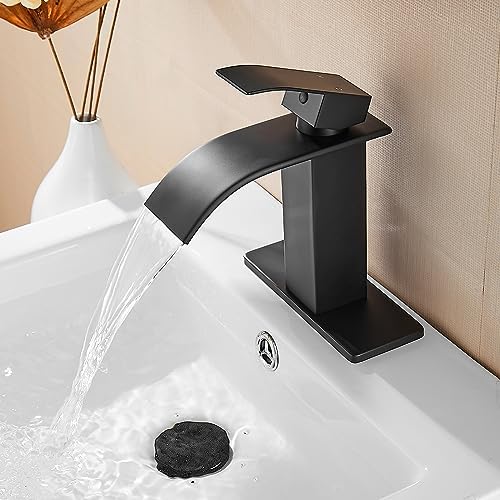 FRANSITON Black Waterfall Bathroom Faucet Lavatory Single Handle 1 or 3 Hole Bathroom Sink Faucet Washbasin Faucet with Deck and Pop-up Drain (Matte Black- Set of 2, Short) - Image 7