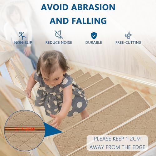 Stair Treads for Wooden Steps Indoor, 15 Pack 8" X 30" Non Slip Carpet Stair Treads with Reusable Adhesive for Kids Elders and Dogs, Surface Polyester TPR Backing Stair Rugs, Beige - Image 4