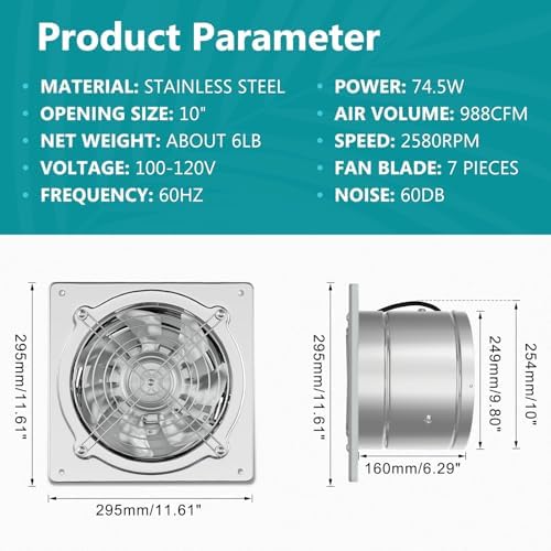 HG Power 10 Inch Metal Exhaust Fan with Switch, Powerful Garage Exhaust Fan with Damper, Potable Wall Mount Fan Fume Extractor Ventilation Fan for Shop, Shed, Basement, Chicken Coop, Silver - Image 2