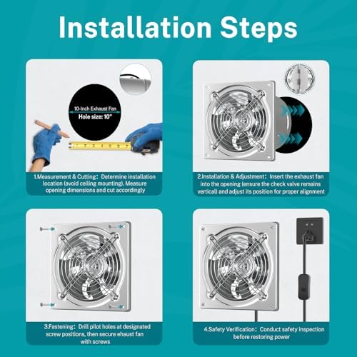 HG Power 10 Inch Metal Exhaust Fan with Switch, Powerful Garage Exhaust Fan with Damper, Potable Wall Mount Fan Fume Extractor Ventilation Fan for Shop, Shed, Basement, Chicken Coop, Silver - Image 5