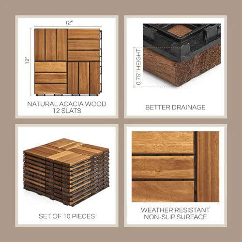 10 Pcs Interlocking Deck Tiles, Patio Flooring - Outdoor Waterproof Acacia Wood Tiles for All Weather Use - Balcony, Backyard, Indoor & Outdoor (Golden Teak, 10 Pcs - 12.1 Square Ft) - Image 2