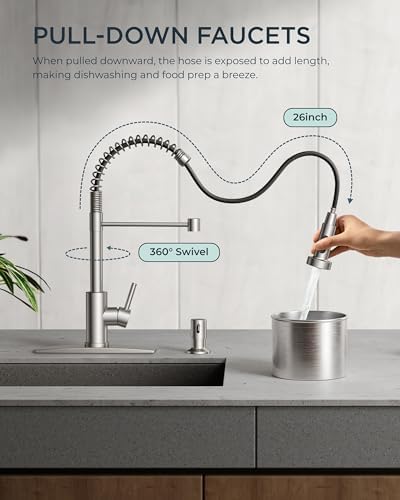 FORIOUS Kitchen Faucet with Soap Dispenser, Brushed Nickel Stainless Steel Spring Sink Faucet with Pull Down Sprayer Transitional Single Handle for Farmhouse Camper Laundry Camper - Image 2