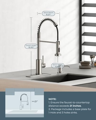 FORIOUS Kitchen Faucet with Soap Dispenser, Brushed Nickel Stainless Steel Spring Sink Faucet with Pull Down Sprayer Transitional Single Handle for Farmhouse Camper Laundry Camper - Image 5