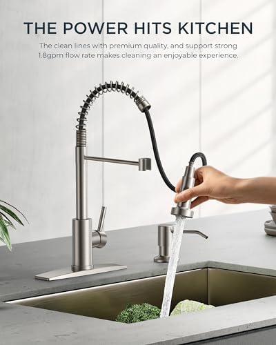 FORIOUS Kitchen Faucet with Soap Dispenser, Brushed Nickel Stainless Steel Spring Sink Faucet with Pull Down Sprayer Transitional Single Handle for Farmhouse Camper Laundry Camper - Image 8