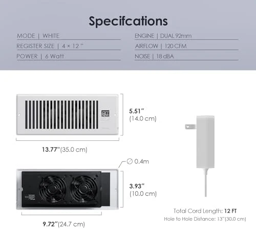 Quiet Register Booster Fan Fits 4" x 12" Register Holes, 10-Speed Smart Heating Cooling AC Vent Fan with Remote Control and Thermostat Control - White - Image 6