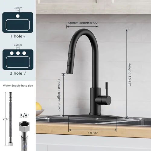FORIOUS Black Kitchen Faucet with Pull Down Sprayer, High Arc Modern Classic Sink Faucet Stainless Steel with Deck Plate Fit for 1 or 3 Hole for Pot Filler Bar Farmhouse Laundry Rv - Image 2