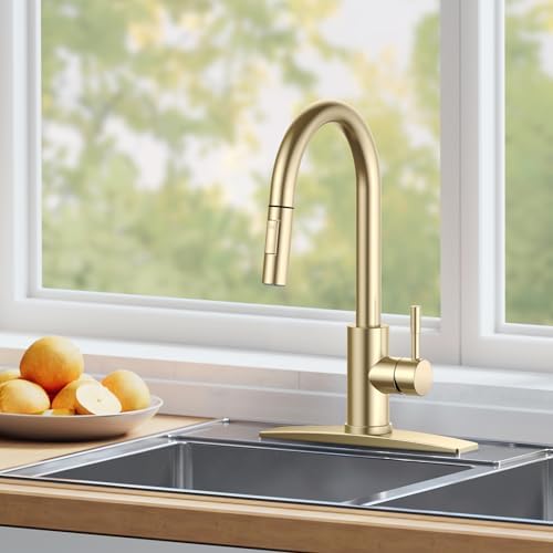 FORIOUS Gold Kitchen Faucet with Pull Down Sprayer, High Arc Modern Classic Sink Faucet Stainless Steel with Deck Fit for 1 or 3 Hole for Pot Filler Bar Farmhouse Laundry Rv, Brushed Champagne Golden - Image 7