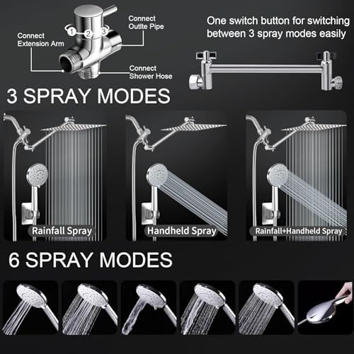 10 inch Rainfall Shower Head Combo Stainless Steel, THE FIRST WATERFALL mode, 10 Inch Rain Shower Head with Handheld 6 Spray Modes High Pressure, Overhead Shower Adjustable Extension Arm,Chrome - Image 2
