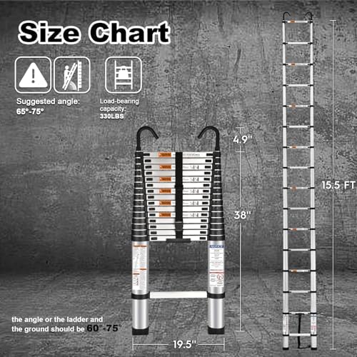 15.5 Ft Telescoping Ladder, SocTone Aluminum with Non-Slip Feet, 330lbs Max Capacity, Collapsible Ladder with Hooks for RV or Outdoor Work - Image 4