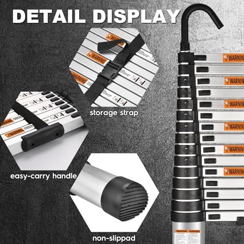 15.5 Ft Telescoping Ladder, SocTone Aluminum with Non-Slip Feet, 330lbs Max Capacity, Collapsible Ladder with Hooks for RV or Outdoor Work - Image 5