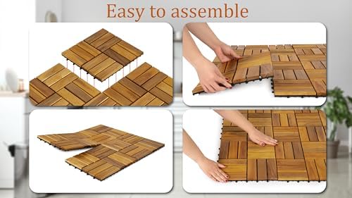 Pack of 10 Deck Tiles - 12"x12" Interlocking Natural Solid Acacia Wood for Outdoor & Indoor, Patio Garden, Balcony, Poolside - Natural Color - Image 3