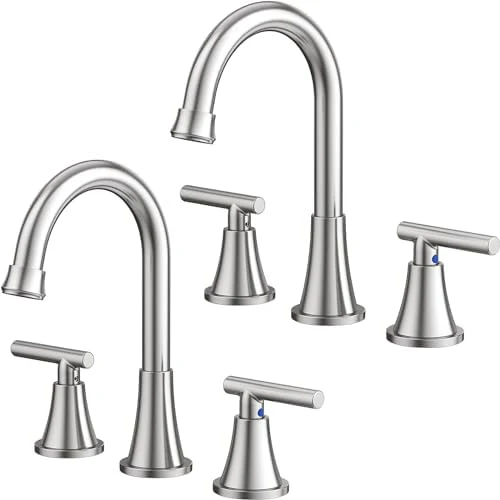 Bathroom Faucets for Sink 3 Hole, Hurran Brushed Nickel Bathroom Sink Faucet with Pop-up Drain and Supply Lines, Stainless Steel Lead-Free Widespread Faucet for Vanity RV, 2 Pack