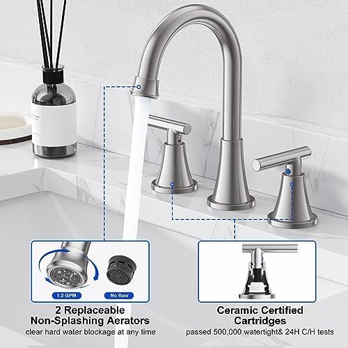 Bathroom Faucets for Sink 3 Hole, Hurran Brushed Nickel Bathroom Sink Faucet with Pop-up Drain and Supply Lines, Stainless Steel Lead-Free Widespread Faucet for Vanity RV, 2 Pack - Image 4