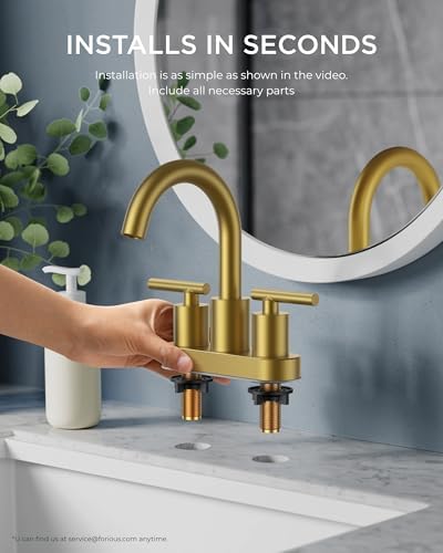 FORIOUS 4" Brushed Gold Bathroom Faucet Centerset 4 Inch, 2 Handle 2 Hole Gold Faucets for Bathroom Vanity wtih Metal Pop Up Dain, CUPC Supply Hose, High Arc Swivel Spout - Image 7