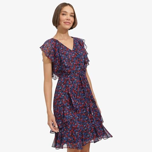 Tommy Hilfiger Women's Ruffle Trim Tie Waist Chiffon Mini Dress - Image 3