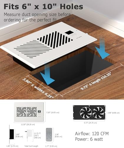 AirBlaze Z6, Register Booster Fan Fits 6”x10” Register Holes, Smart Vent Booster Fan with Thermostat Control & Remote Control, 10-Speed Control Heating Cooling AC Vent Fan (White) - Image 2