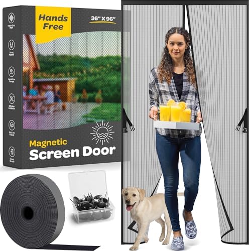 Hands-Free Magnetic Screen Door, Heavy Duty, Self Sealing Screen Door Mesh Protector, Pet and Kid-Friendly, Stay-Open Buckle, Keeps Bugs Out While Letting Nature in, Fits Door Size (36" x 96")