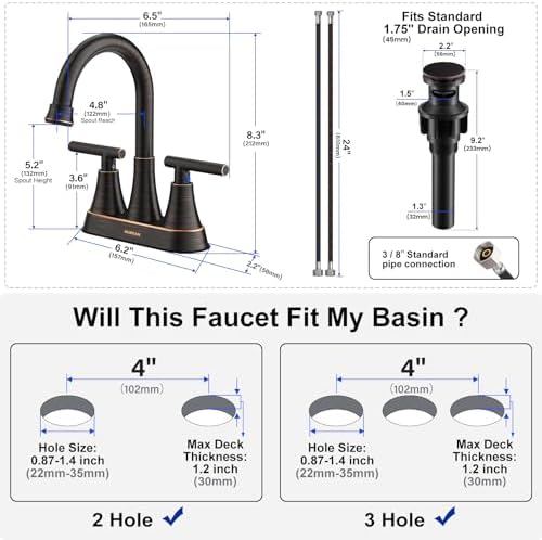 Bathroom Faucets for Sink 3 Hole, Hurran 4 inch Oil Rubbed Bronze Bathroom Sink Faucet with Pop-up Drain and Supply Hoses, Stainless Steel Lead-Free Centerset Faucets for Vanity RV, 2 Pack - Image 5