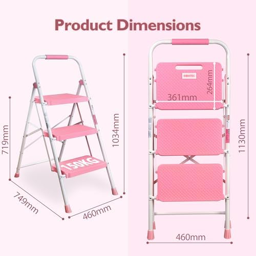 BONTEC 3-Step Ladder, Folding Step Stool, 600lbs Max Load Capacity, Sturdy Steel, Non-Slip Pedals, Lightweight, Portable Steel Ladder with Convenient Handrail, Safety Design for Home & Work, Pink - Image 2