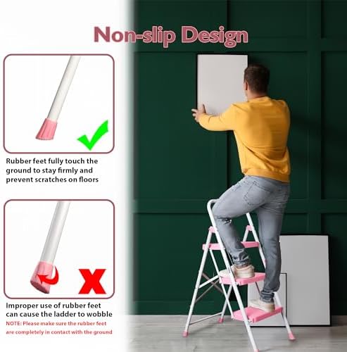 BONTEC 3-Step Ladder, Folding Step Stool, 600lbs Max Load Capacity, Sturdy Steel, Non-Slip Pedals, Lightweight, Portable Steel Ladder with Convenient Handrail, Safety Design for Home & Work, Pink - Image 3