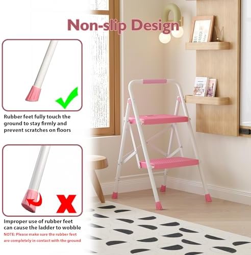 BONTEC 2-Step Ladder, Folding Step Stool, 600lbs Max Load Capacity, Sturdy Steel, Non-Slip Pedals, Lightweight, Portable Steel Ladder with Convenient Handrail, Safety Design for Home & Work, Pink - Image 3