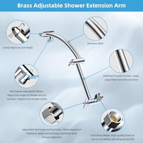 Hibbent All Metal Rain Shower Head, 10'' High Pressure Rainfall Square Showerhead with 16" Shower Head Extension Arm, Solid Brass Adjustable Shower Arm Extender, Waterfall fixed Showerheads, Chrome - Image 2
