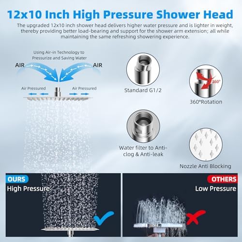 Hibbent All Metal Rain Shower Head, 12'' High Pressure Rainfall Square Showerhead with 16" Shower Head Extension Arm, Solid Brass Adjustable Shower Arm Extender, Waterfall fixed Showerheads, Chrome - Image 4