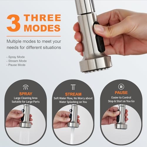 with 15 Adapters Pull Down Kitchen Sink Faucet Head Replacement, 3 Functions Plastic Kitchen Sink Sprayer Nozzle Replacement for Kitchen Faucet, Pause Mode (Brushed Nickel) - Image 2