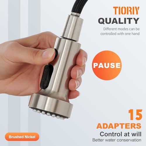 with 15 Adapters Pull Down Kitchen Sink Faucet Head Replacement, 3 Functions Plastic Kitchen Sink Sprayer Nozzle Replacement for Kitchen Faucet, Pause Mode (Brushed Nickel) - Image 4
