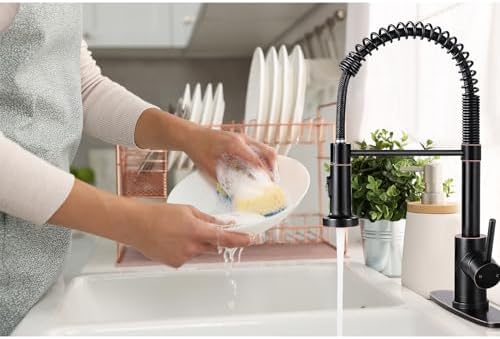 DJS Kitchen Faucets with Pull Down Sprayer Oil Rubbed Bronze -【High Arc】 Single Handle 1 or 3 Holes Spring Kitchen Sink Faucet with Deck Plate for Farmhouse RV Vessel Basin - Image 7