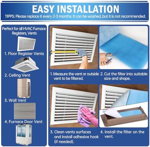 UBeesize Air Vent Filters, 120" x 12" Cut to Size Air Filter Material (50+ Filters), MERV 8 Triple Vent Filter Kit for Home Floor, Grilles, Ceiling, HVAC Furnace Vents, With 48PCs Adhesive Hook Tape - Image 4
