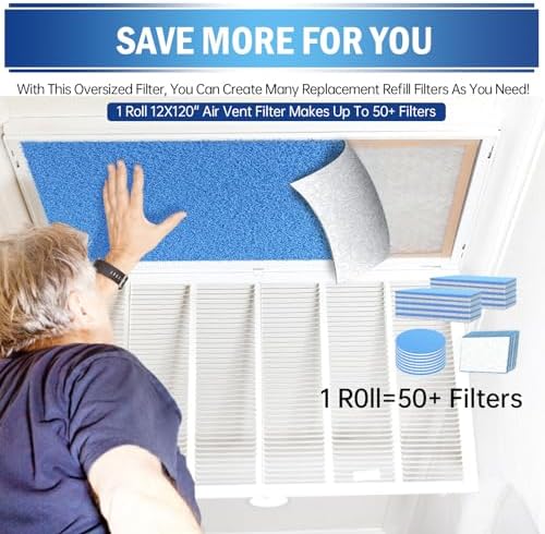 UBeesize Air Vent Filters, 120" x 12" Cut to Size Air Filter Material (50+ Filters), MERV 8 Triple Vent Filter Kit for Home Floor, Grilles, Ceiling, HVAC Furnace Vents, With 48PCs Adhesive Hook Tape - Image 5
