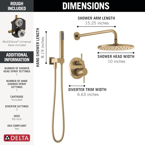 Delta Faucet Modern Raincan 2-Setting Round Shower System Including Rain Shower Head and Handheld Spray Gold, Rainfall Shower System Gold, Shower Valve and Trim Kit, Champagne Bronze 342702-CZ - Image 3