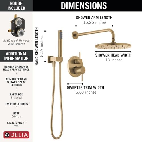 Delta Faucet Modern Raincan 2-Setting Round Shower System Including Rain Shower Head and Handheld Spray Gold, Rainfall Shower System Gold, Shower Valve and Trim Kit, Champagne Bronze 342702-CZ - Image 4