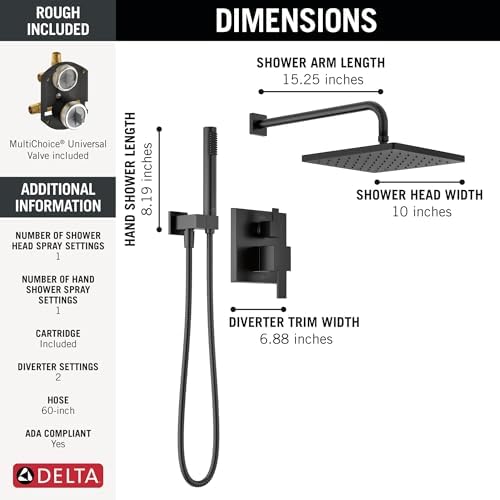 Delta Faucet Modern Raincan 2-Setting Shower Square System Including Rain Shower Head and Handheld Spray Black, Rainfall Shower System Brushed Black, Shower Valve Trim Kit, Matte Black 342701-BL - Image 3
